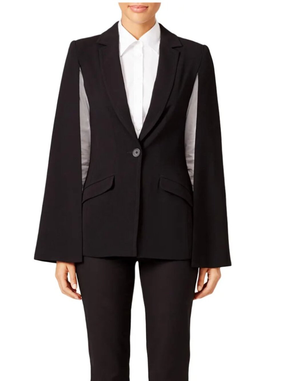 Trina Turk Bee Cape Blazer Jacket Womens 4 Black Crepe Long Sleeve One Button - Picture 13 of 13